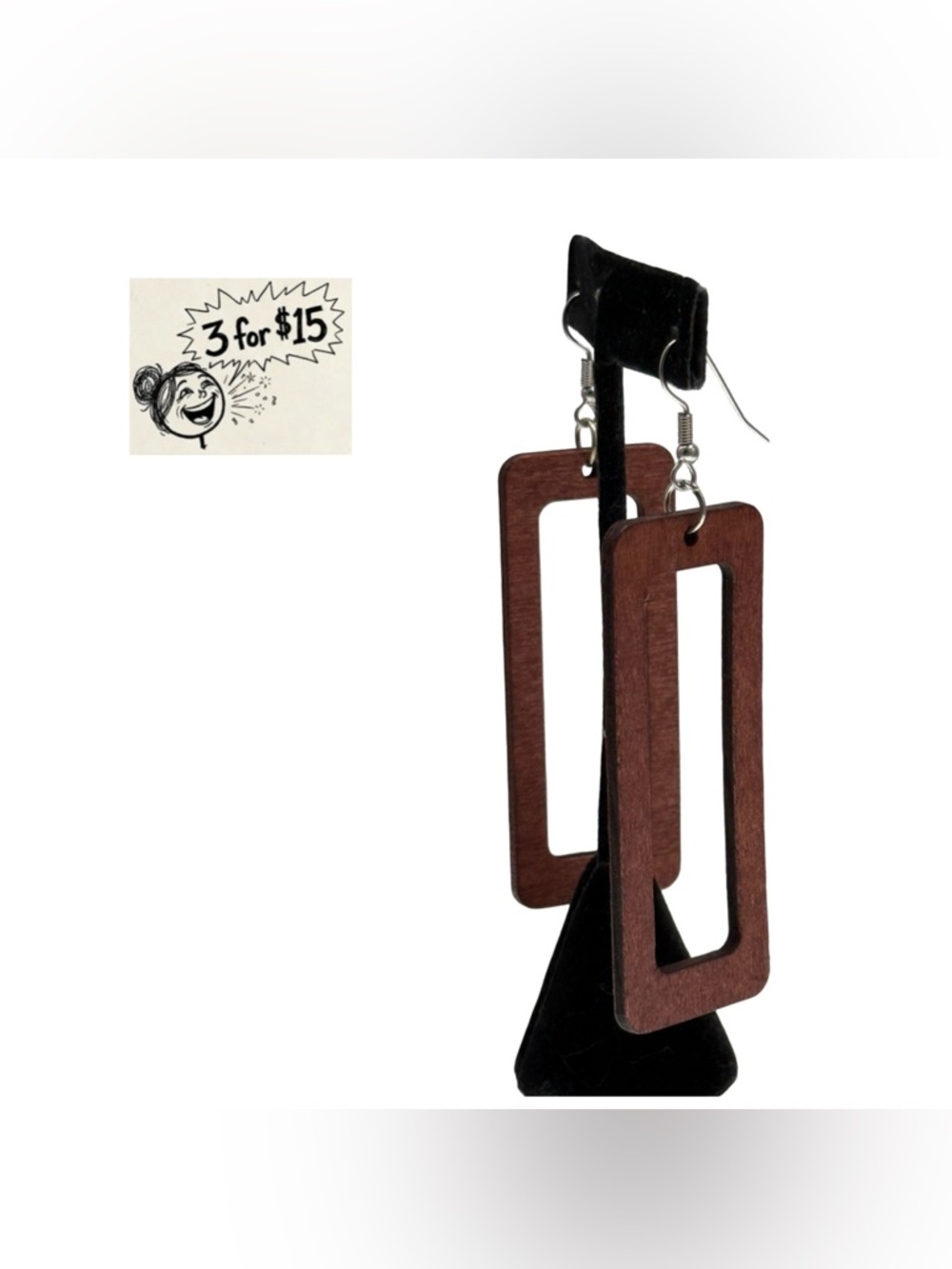 Boho Chic Mahogany Wood Earrings - Long Open Rectangle Laser Cut Dangle
